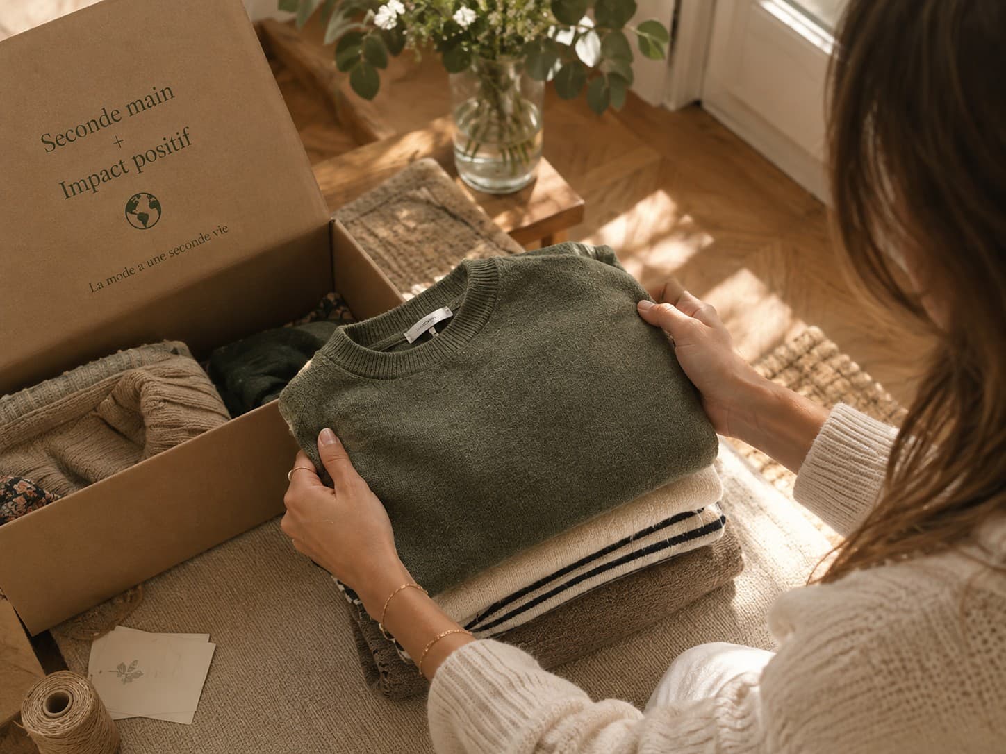 Une femme range des pulls pliés dans un carton Seconde